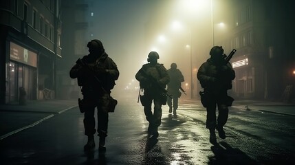 AI generated illustration of military men in full uniform march through a dark street