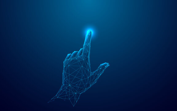Abstract Digital Human Hand Touching on Glowing Dot. Low Poly Vector Illustration on Dark Blue Technological Background. Light Wireframe Connection Structure. Futuristic Technology Concept. 