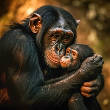 Chimpanzee mother with her little baby. Generative AI
