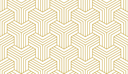 Geometric gold lines on white background. Seamless repeating pattern. Ideal for textile, wallpaper, and design projects.
