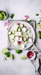 ingredients on a plate including feta cheese, avocado limes and cu