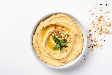 Fresh hummus in a plate on a white background, top view.