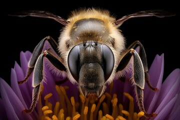 AI-generated illustration of a macro shot of a bee perched atop a vibrant flower head.