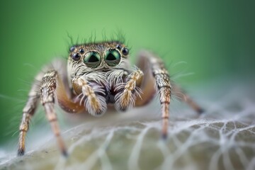 AI-generated illustration of a jumping spider on a green background.