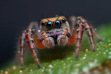 AI-generated illustration of a jumping spider on a green leaf with dew drops.