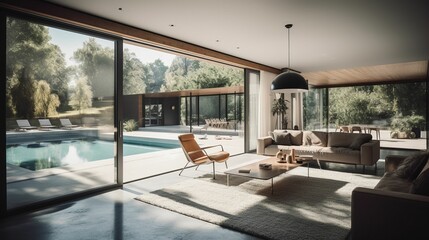 AI-generated illustration of a modern living room featuring a tranquil pool in the background.