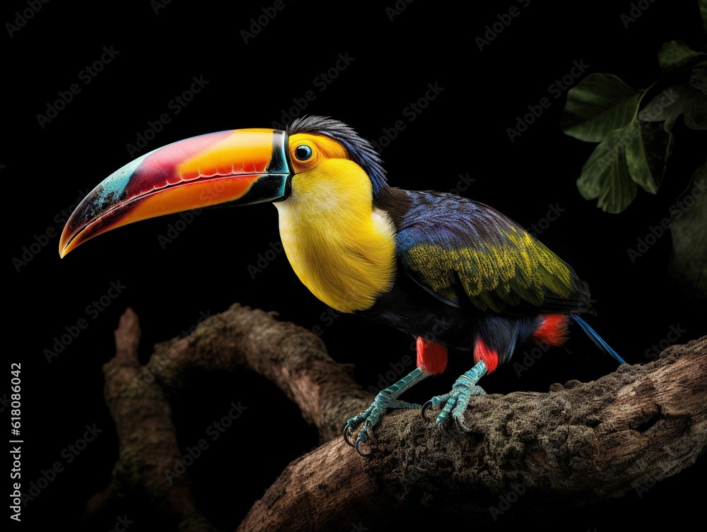 Poster ai-generated illustration of a toucan perched on a branch in a jungle environment.
