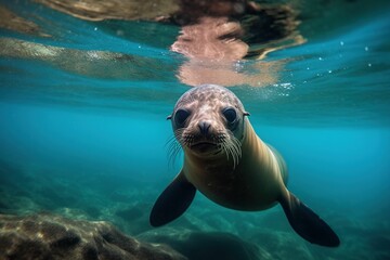 Fototapeta premium AI-generated illustration of a seal swimming along the ocean floor, captured in perfect clarity.