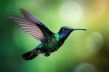 Fototapeta na wymiar AI-generated illustration of a colorful hummingbird flying again a green blurry background.