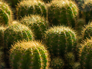 close-up of cactus. cactus with spiky thorns, vibrant colors, yellows, oranges, browns, greens, close up shot to show the details, blur background.