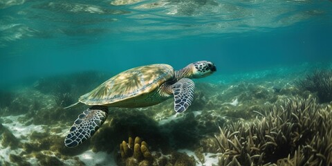 Obraz premium big water turtle swimming in the ocean near the bottom