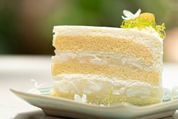 Deliciously presented piece of white vanilla cake sits atop a plate with flowers