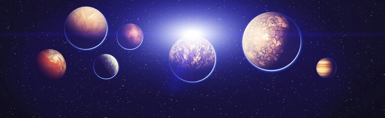 Panoramic view of the Earth, sun, star and galaxy. Sunrise over planet Earth, view from space . Elements of this image furnished by NASA