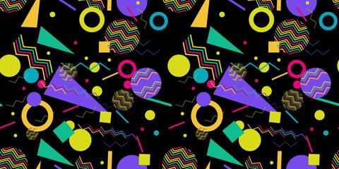 Seamless pattern with geometric shapes in the style of the 80s on a dark background. Colorful geometric pattern. Design of advertising products, wrapping, banner, print, poster