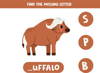Find missing letter with cartoon buffalo. Spelling worksheet.