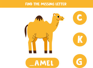 Find missing letter with cartoon camel. Spelling worksheet.