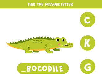 Find missing letter with cartoon crocodile. Spelling worksheet.