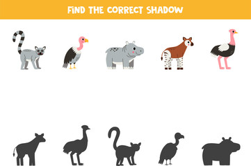Find shadows of cute African animals. Educational logical game for kids.