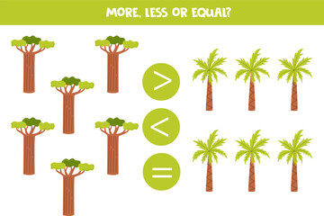 More, less or equal with cartoon African trees.
