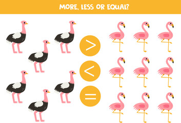 More, less or equal with cartoon African birds.