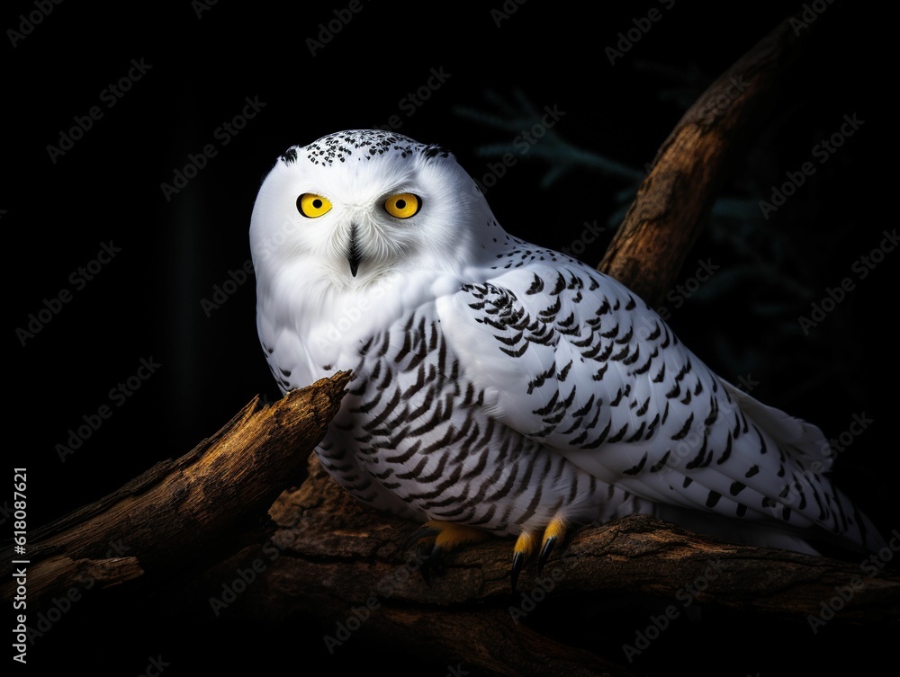 Poster ai generated illustration of a close-up of an owl perched on a tree branch in a dark environment
