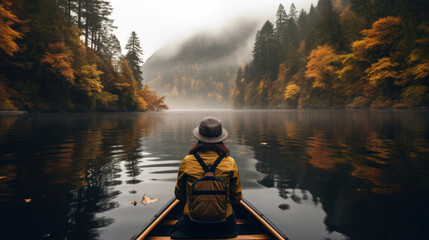 Young Woman in a Canoe on a Calm Lake During a Foggy Morning in the Autumn