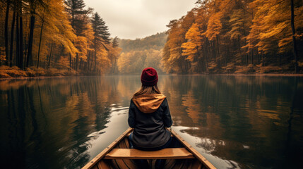 A Young Woman in a Canoe on a Calm Lake During Autumn