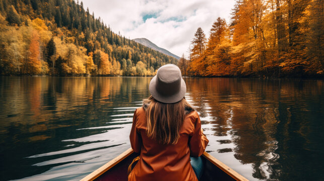 A Young Woman in a Canoe on a Calm Lake During Autumn