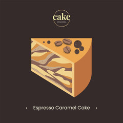 delicious Espresso Caramel Cake in flat and minimal style