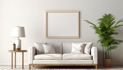 Empty interior frame mockup, picture holder on white wall background. Blank template wall framing in stylish interior design. Copy space canvas for painting, art, poster, picture. Ai generative