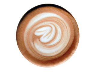 Directly above of creative latte art shapes collection, cappuccino with frothy foam, hot coffee, milk foam, flat lay, top view, isolated cutout, transparent background