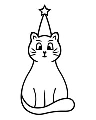 Cat in a festive cap. Sketch. Vector illustration. Serious muzzle. An animal in a hat with a star on top. Doodle style. Coloring book. The kitten is celebrating a birthday. 