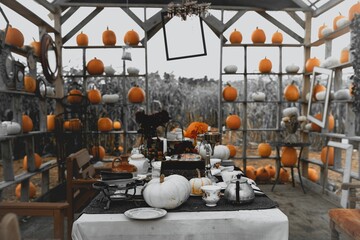 Spooky dinning table in the middle of a corn maze decorated with pumpkins for the Halloween