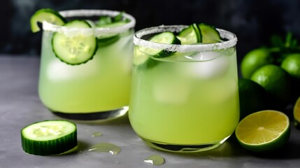 AI generated illustration of refreshing and vibrant cucumber lime margarita cocktail in glass
