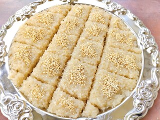 Delicious Thai sweet food traditional dessert stick rice with sugar coconut 