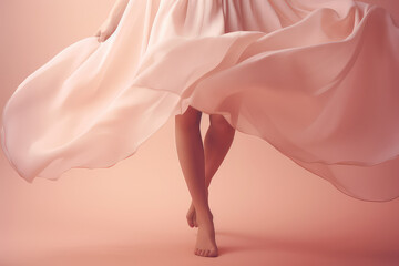 Smooth women's legs in a silk airy fall cloth. Pastel pink light colors, creative concept for effective hair removal, laser depilation. Generative AI photo .