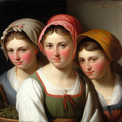 Three peasant young women with hats