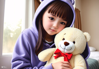 Girl with teddy bear. Generative AI