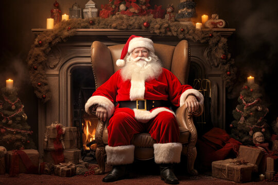 Generative AI illustration of Santa Claus in red costume and eyeglasses sitting on leather armchair against decorated fireplace with burning candles and presents