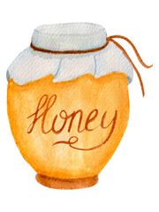 Watercolor illustration, honey jar with simple text isolated on white background. For various food products, card etc.