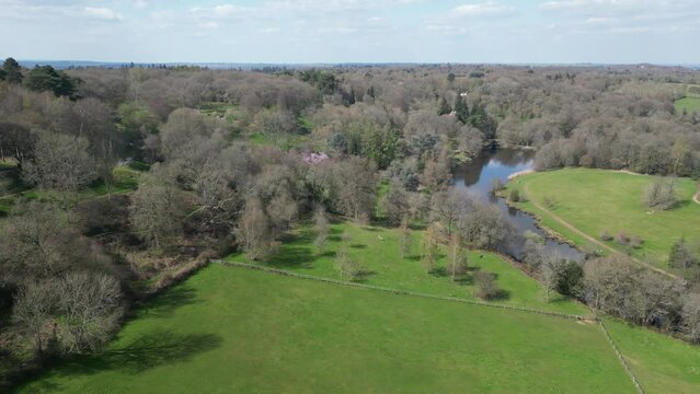 Drone view over a river between leafless trees and green fields