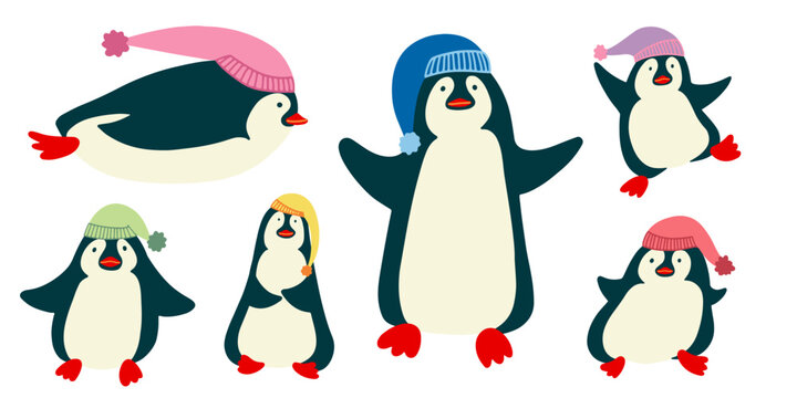 Set of vector illustration penguins flat design.