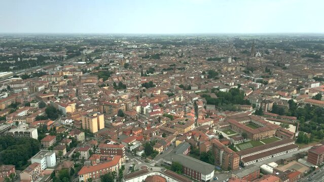 Aerial establishing shot of the city of Cremona, Lombardia. Italy