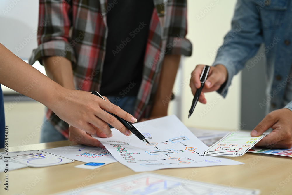 Poster cropped shot of designer team working on new website wireframe, planning application development for