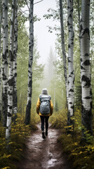 Fototapeta premium A Young Woman Hiking in Misty Birch Forest
