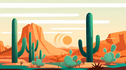 Desert landscape with cactuses and mountains.