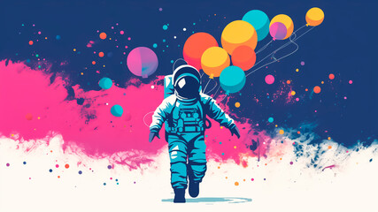 Naklejka premium Astronaut with colorful balloons.