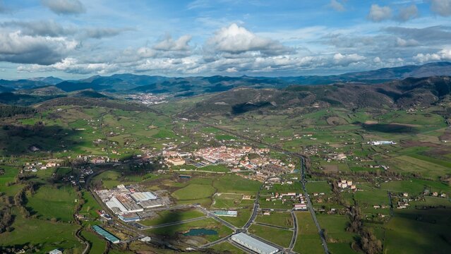 Aerial view of village houses in the mountainous valleys of Basque Country