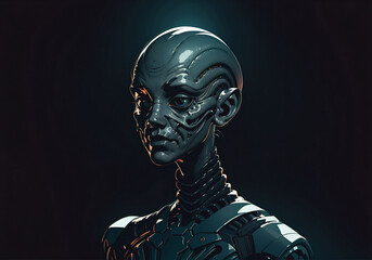 Portrait of an alien, a creepy humanoid in casual clothes on a black background. Generative AI