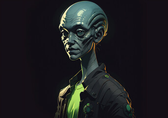 Portrait of an alien, a creepy humanoid in casual clothes on a black background. Generative AI